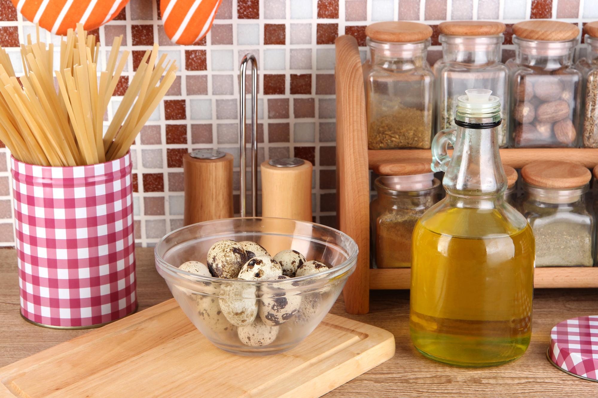 compact kitchen counter with labelled mise en place containers